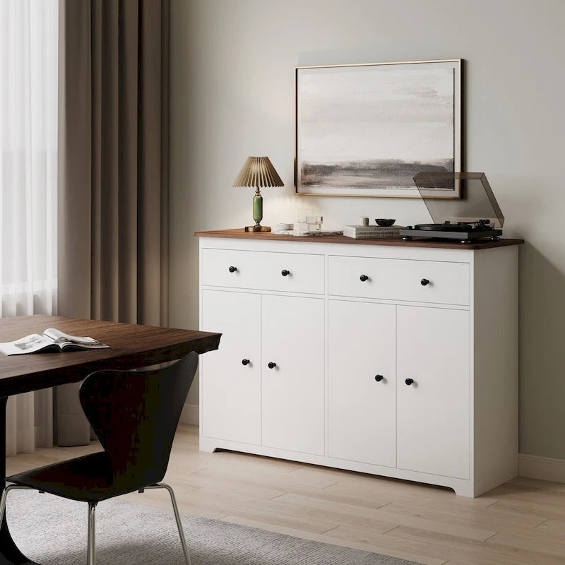 Buffet de salle à manger avec 2 tiroirs et 4 portes, 120 cm de large, blanc