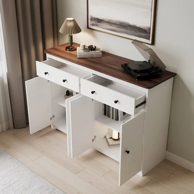 Buffet de salle à manger avec 2 tiroirs et 4 portes, 120 cm de large, blanc