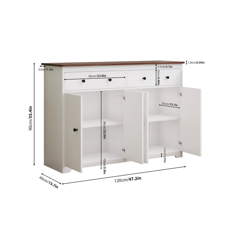 Buffet de salle à manger avec 2 tiroirs et 4 portes, 120 cm de large, blanc