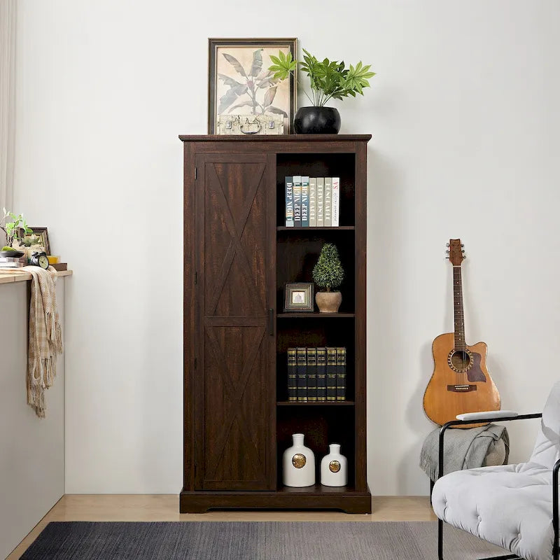 Armoire haute de rangement avec porte de grange et étagères ouvertes