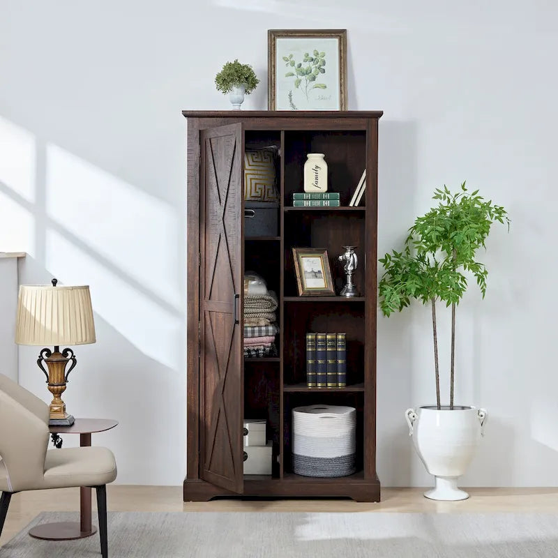 Armoire haute de rangement avec porte de grange et étagères ouvertes