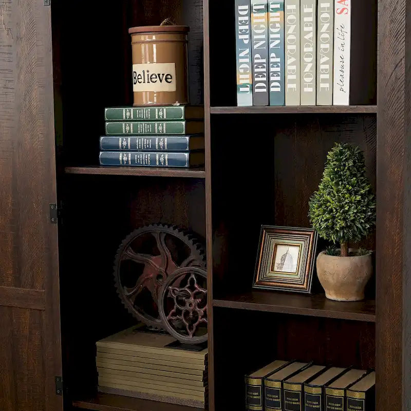 Armoire haute de rangement avec porte de grange et étagères ouvertes