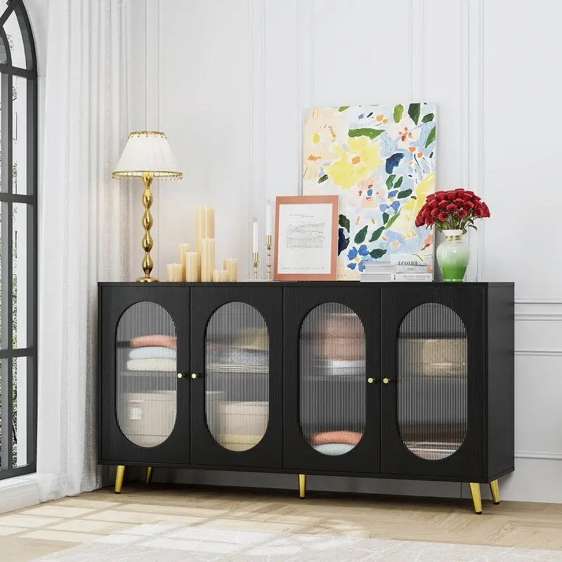 Bahut de buffet moderne et minimaliste avec 4 portes en acrylique et étagères réglables