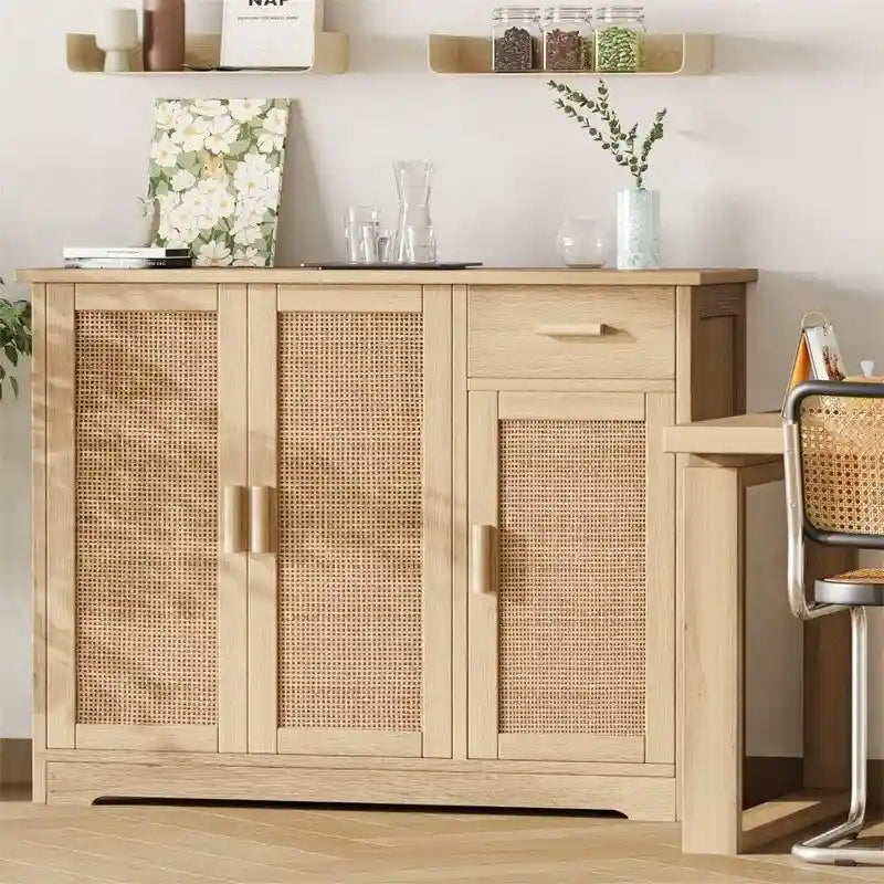 Meuble de rangement avec portes en rotin – 89,9 L x 30 P x 80 H cm