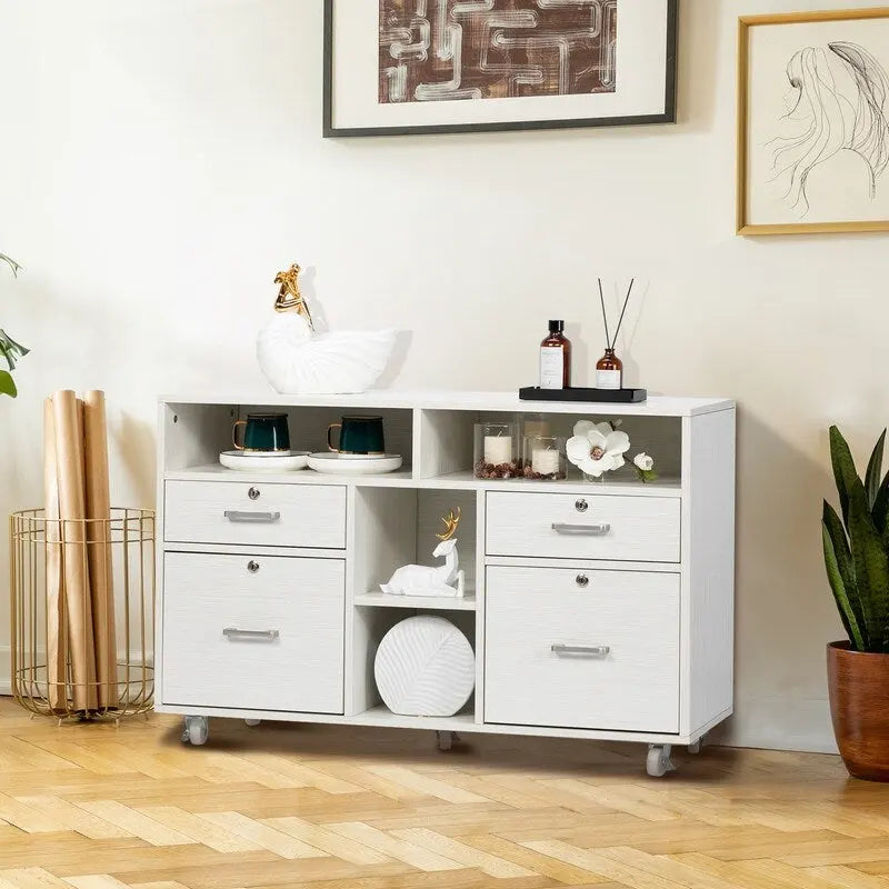 4 Drawer File Cabinet Wood Mobile Lockable Rolling with Shelves