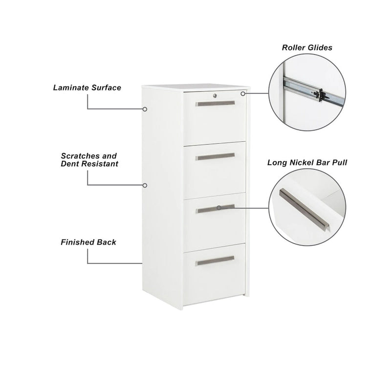 Classeur latéral à 4 tiroirs en grain de bois blanc - 48,5H x 18,5W x 17,5P
