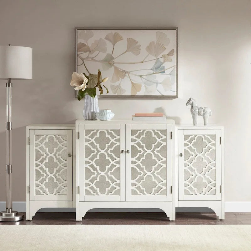 Vaisselier-buffet de salle à manger à 4 portes, crème, motif quatrefoil