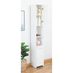 Meuble de rangement haut et étroit sur pied avec étagères ouvertes et fermées, Blanc