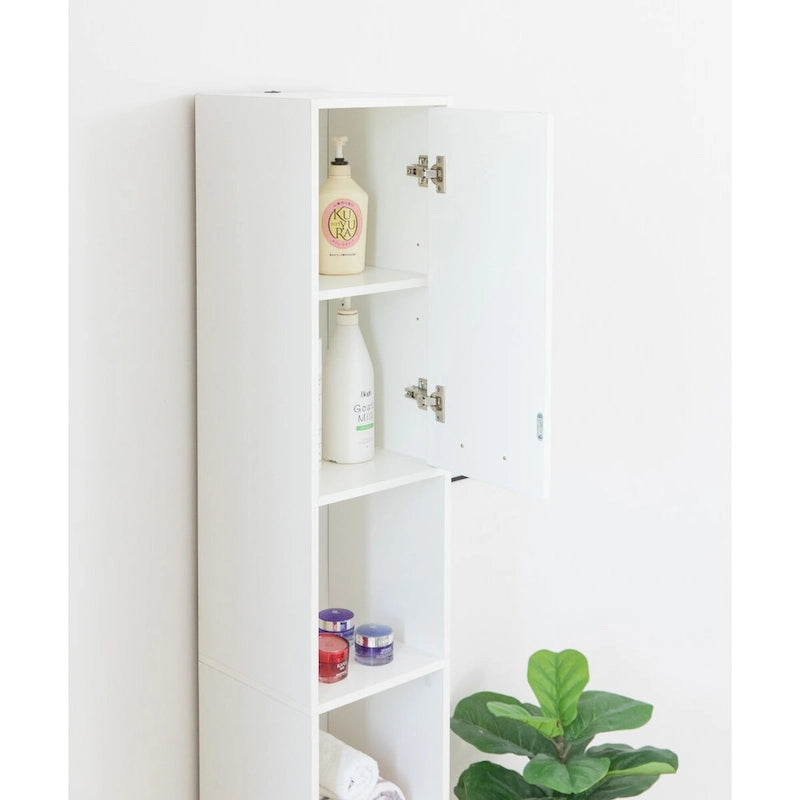 Meuble de rangement haut et étroit sur pied avec étagères ouvertes et fermées, Blanc
