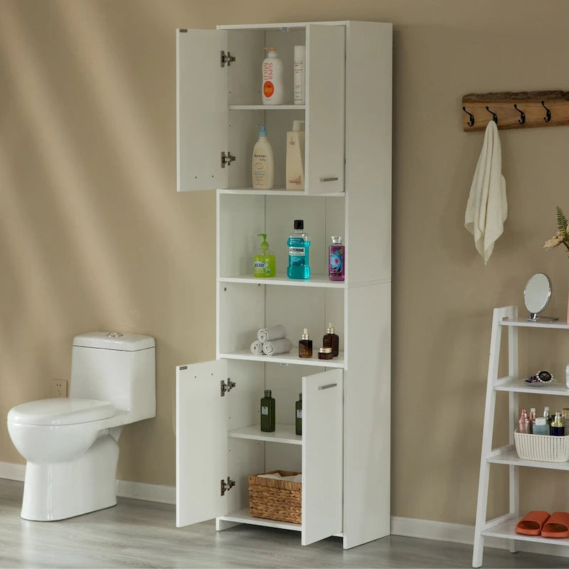 Meuble de rangement haut et étroit sur pied avec étagères ouvertes et fermées, Blanc