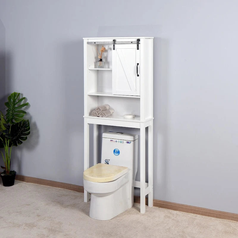 Meuble de rangement WC en bois avec étagères réglables - Blanc