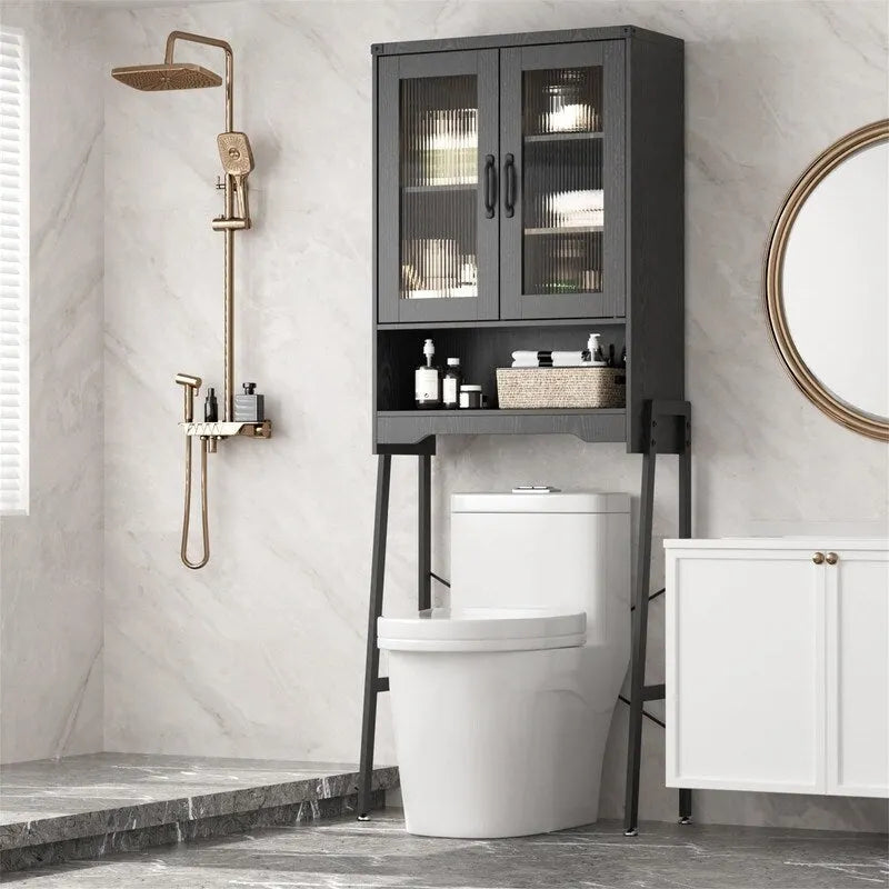 Meuble de Rangement WC avec Porte en Verre Trempé - 23,9cm P x 60cm L x 169cm H