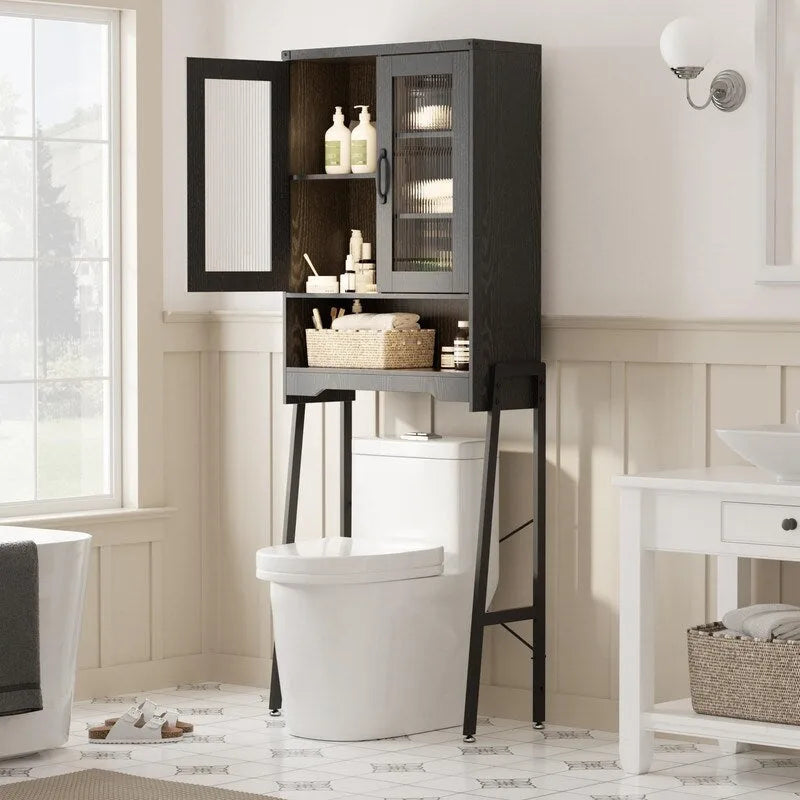 Meuble de Rangement WC avec Porte en Verre Trempé - 23,9cm P x 60cm L x 169cm H