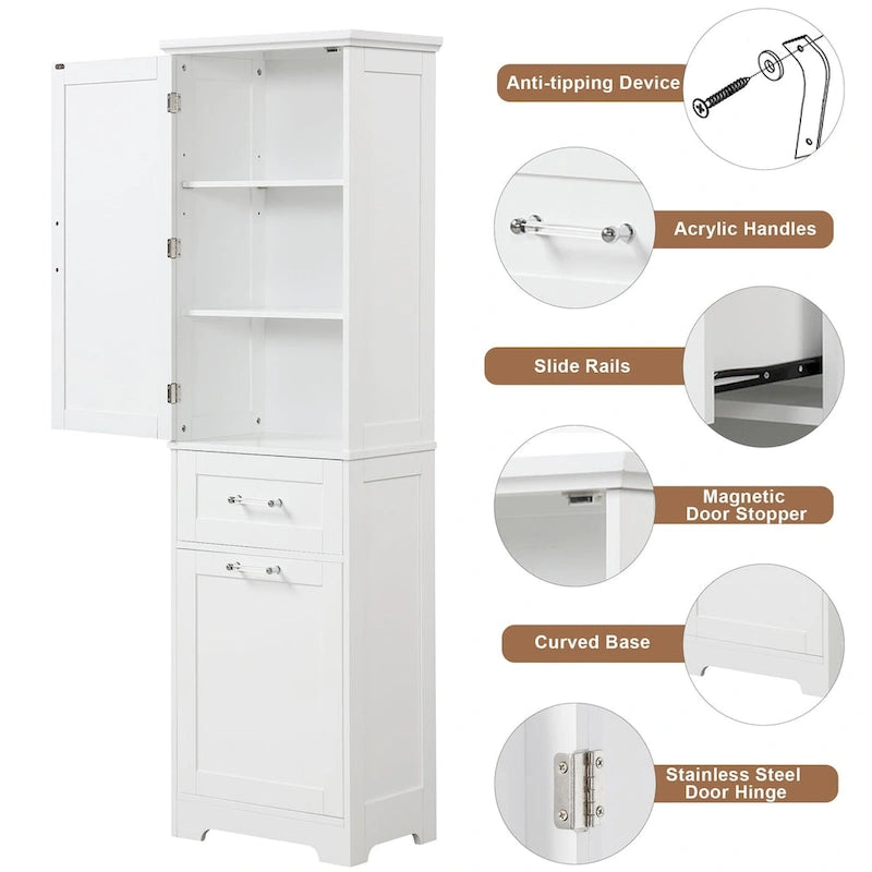 Meuble de rangement de salle de bain de 173 cm de haut avec tiroirs et étagère réglable
