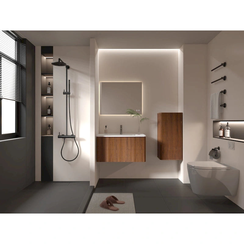 Meuble d'appoint mural flottant avec texture rayée et étagères intérieures