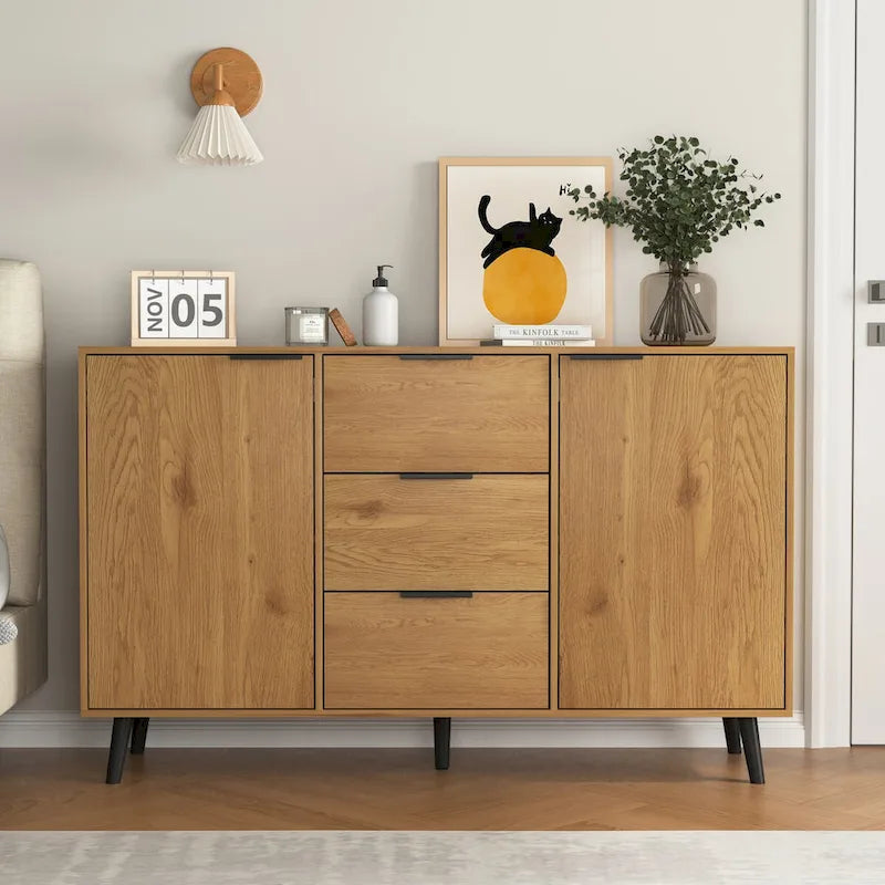 Bahut buffet avec 3 tiroirs et 2 portes, 120 cm, Naturel