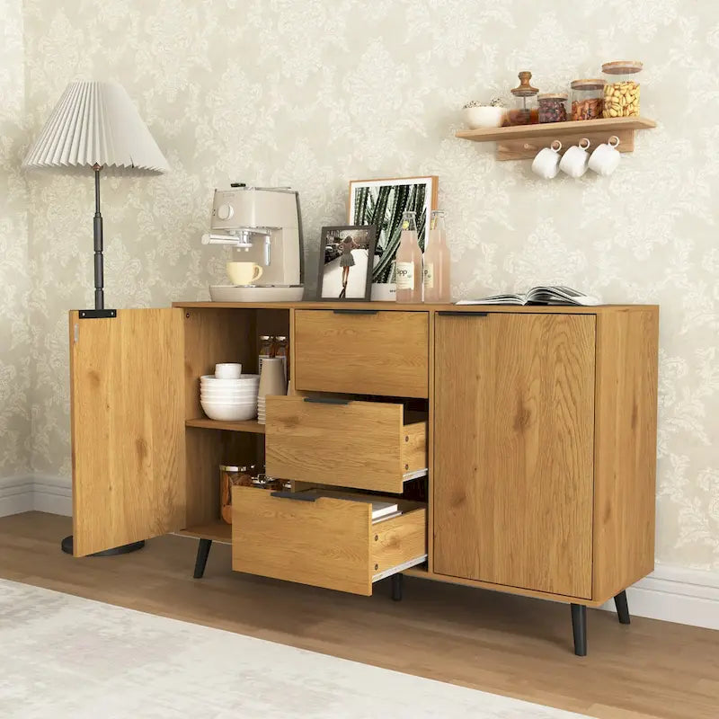 Bahut buffet avec 3 tiroirs et 2 portes, 120 cm, Naturel