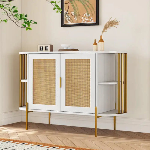 Meuble de rangement incurvé à 2 portes avec portes en rotin et poignées en métal