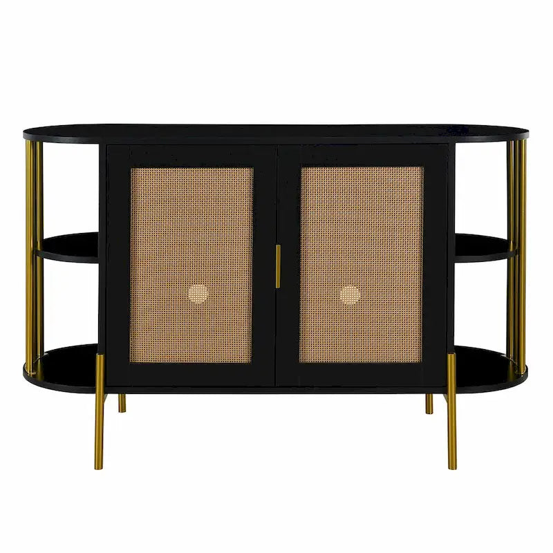 Meuble de rangement incurvé à 2 portes avec portes en rotin et poignées en métal