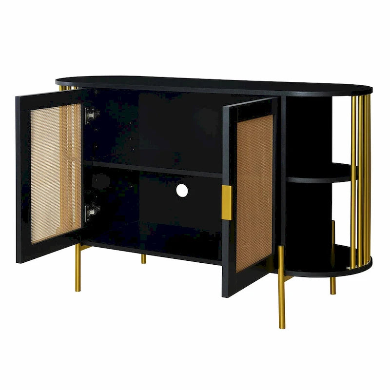 Meuble de rangement incurvé à 2 portes avec portes en rotin et poignées en métal