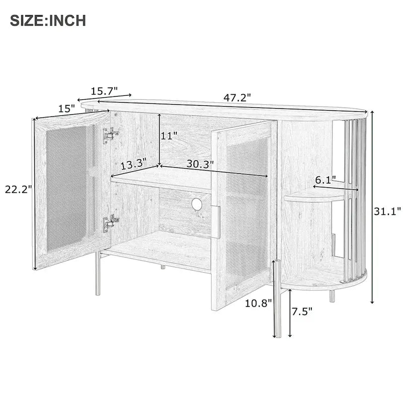 Meuble de rangement incurvé à 2 portes avec portes en rotin et poignées en métal