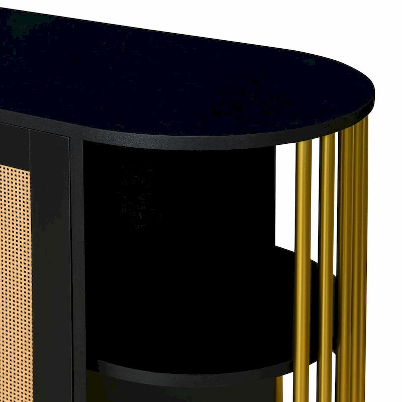 Meuble de rangement incurvé à 2 portes avec portes en rotin et poignées en métal