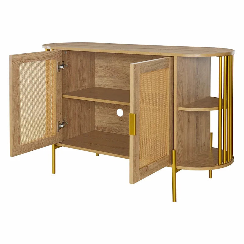Meuble de rangement incurvé à 2 portes avec portes en rotin et poignées en métal